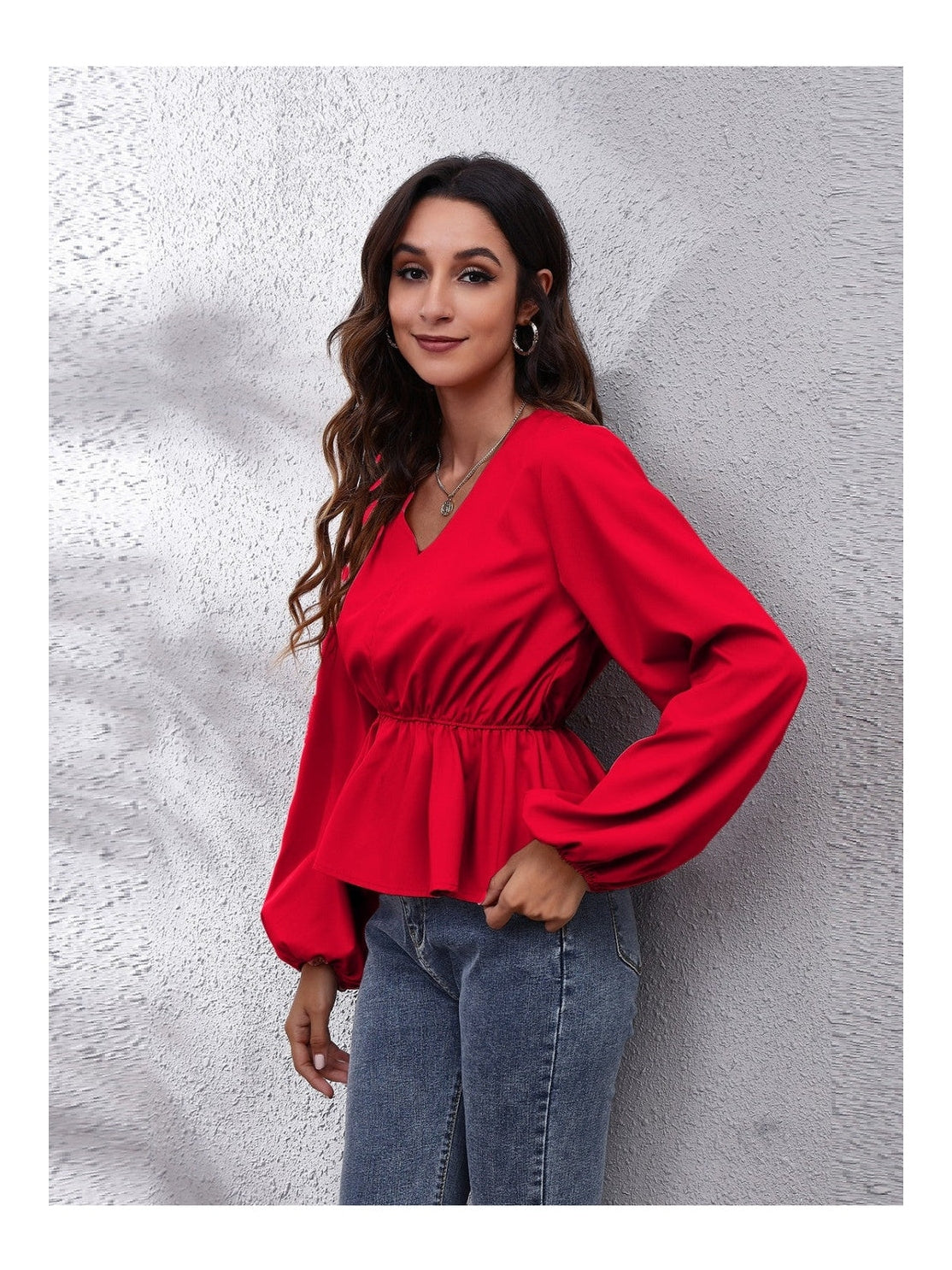 Women V-Neck Balloon Sleeve Peplum Blouse nicholesgifts