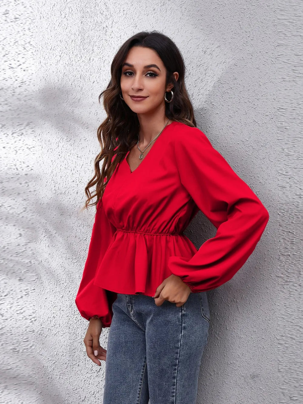 V-Neck Balloon Sleeve Peplum Blouse nicholesgifts