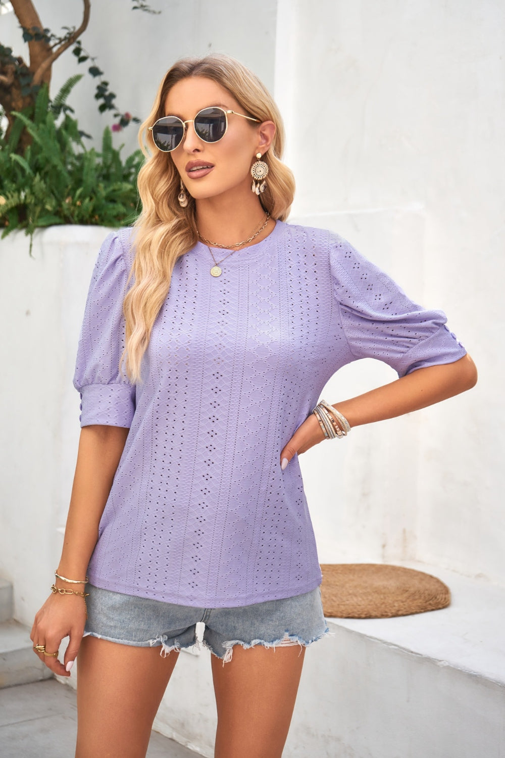 Openwork Round Neck Short Sleeve Blouse nicholesgifts