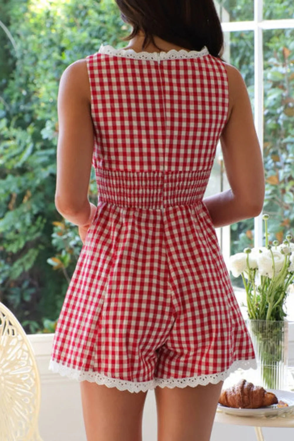 Lace Detail Plaid Sleeveless Romper Trendsi