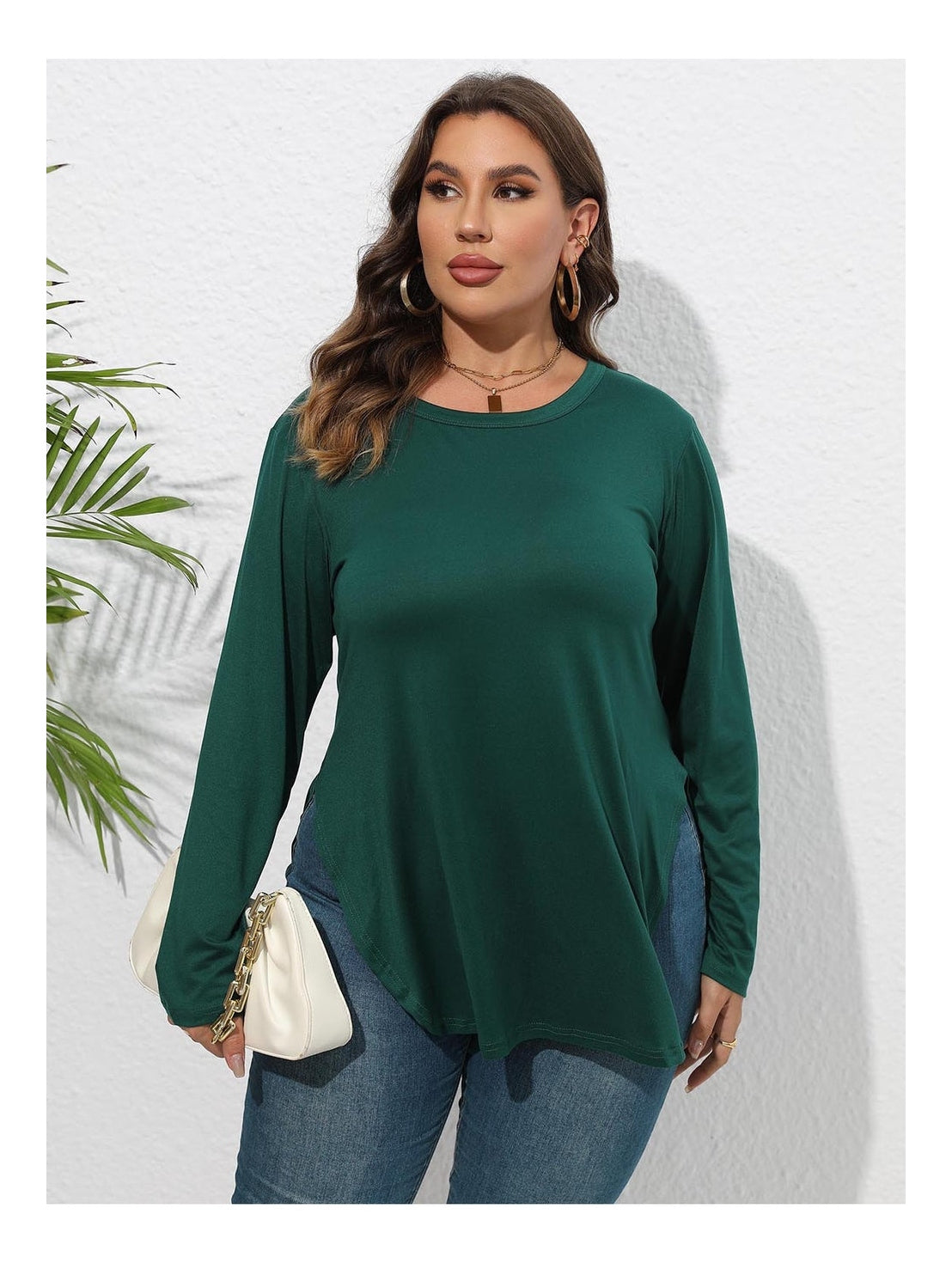 Women Plus Size Round Neck Long Sleeve Slit T-Shirt nicholesgifts