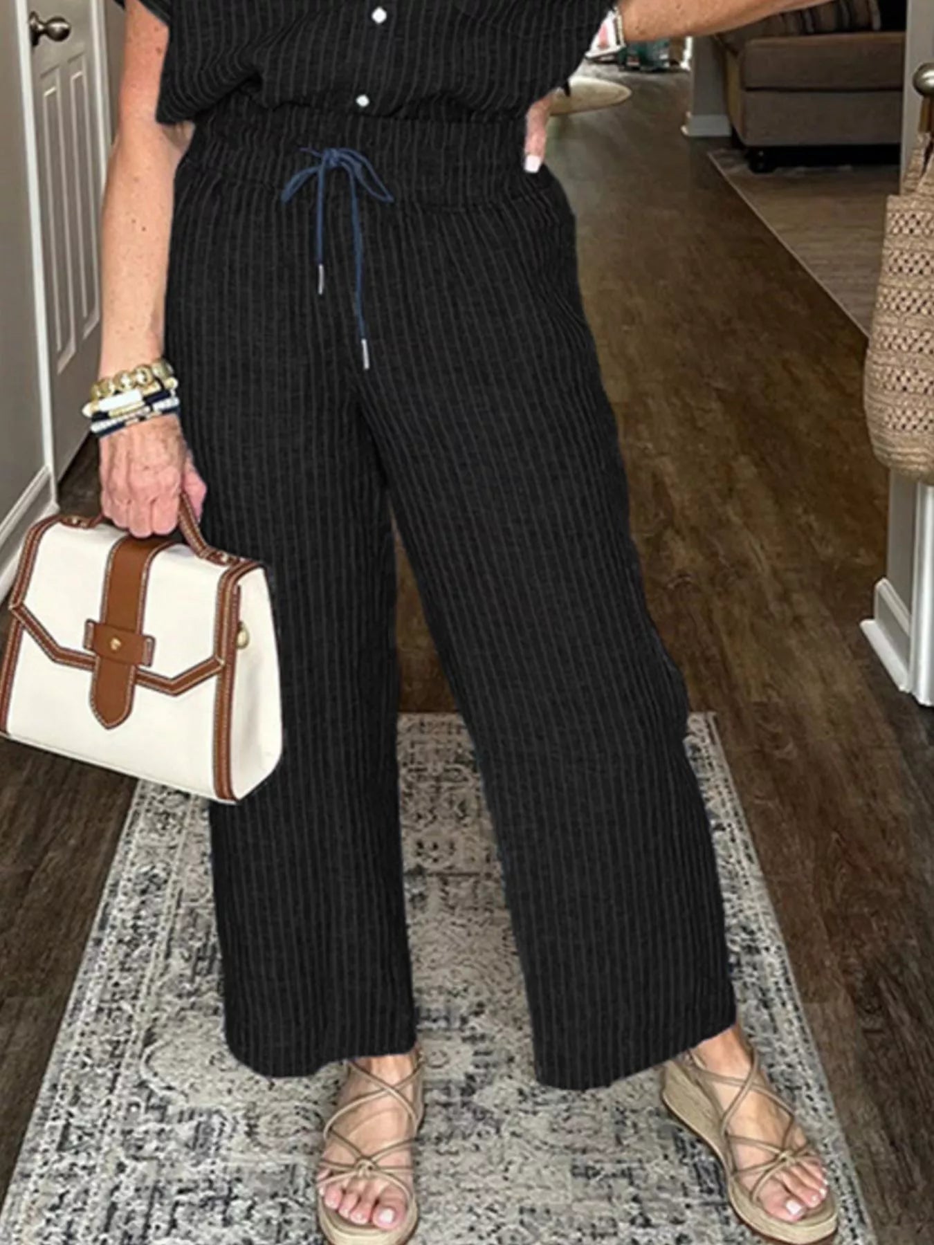 Full Size Striped Button-Up Shirt and Wide Leg Pants Casual Set Plus Size Trendsi