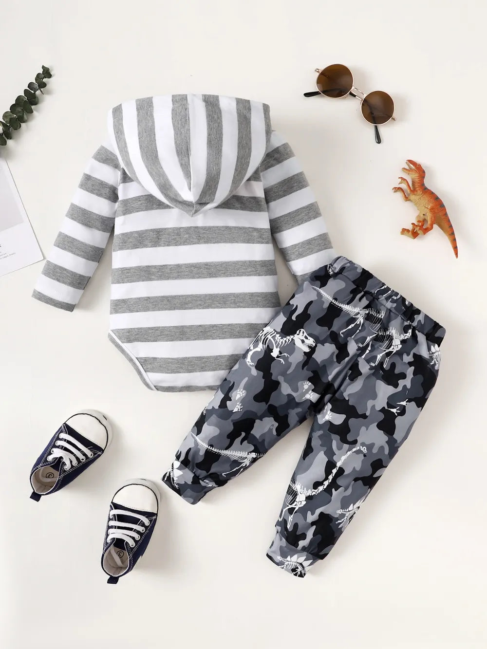 Children's Striped Hooded Bodysuit and Camouflage Pants Set Trendsi
