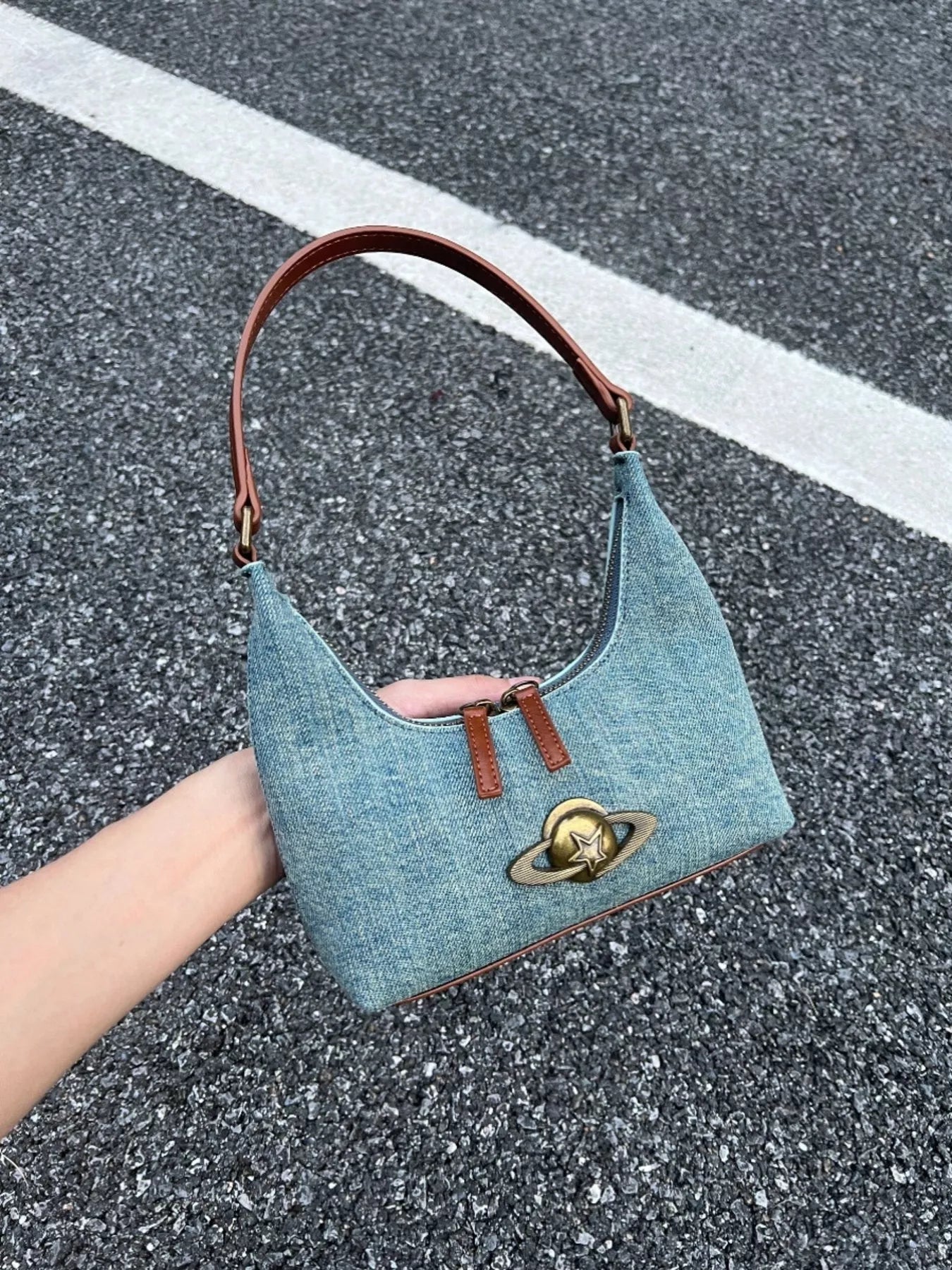 Denim Planet Decor Shoulder Bag nicholesgifts
