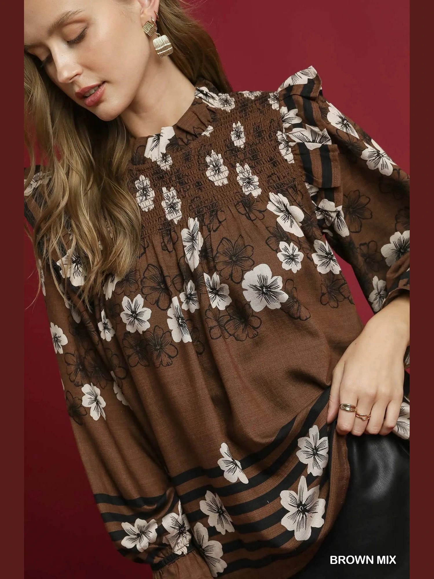 Women Umgee Full Size Mix Floral Smocked Ruffle Long Sleeve Blouse Plus Size NicholesGifts