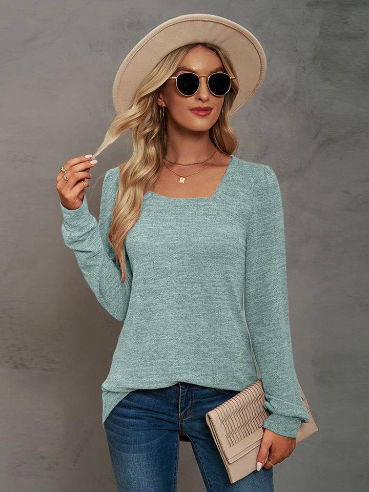 Women Heathered Square Neck Long Sleeve T-Shirt nicholesgifts