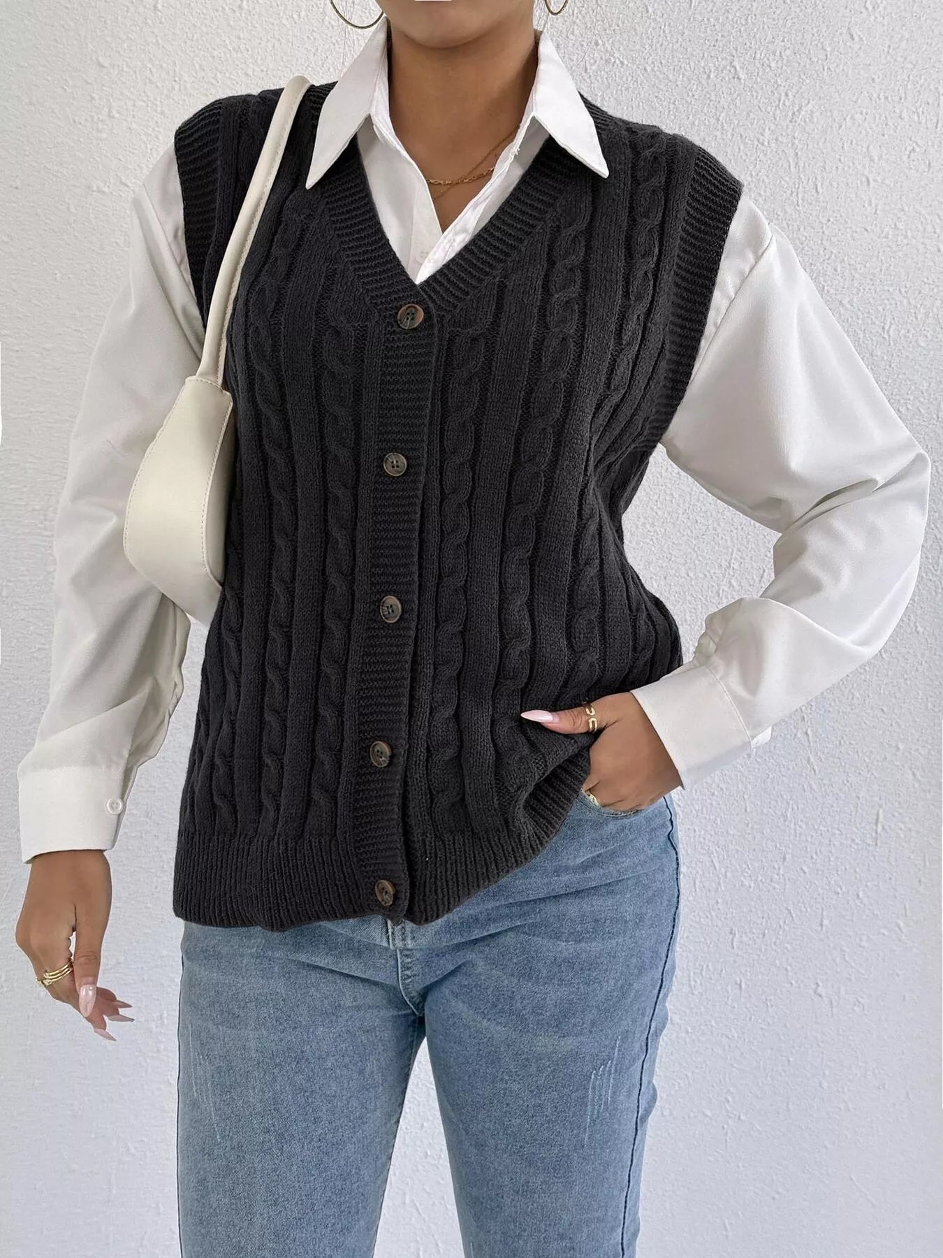 Cable-Knit Button-Up Sweater Vest nicholesgifts