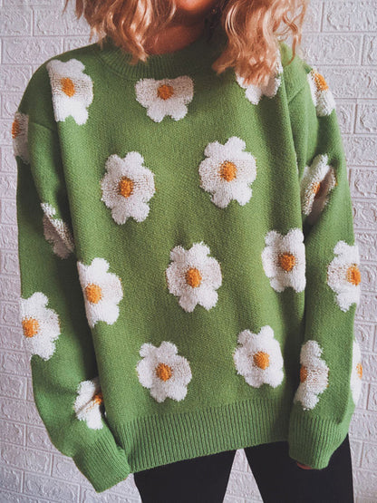 Flower Round Neck Long Sleeve Sweater nicholesgifts