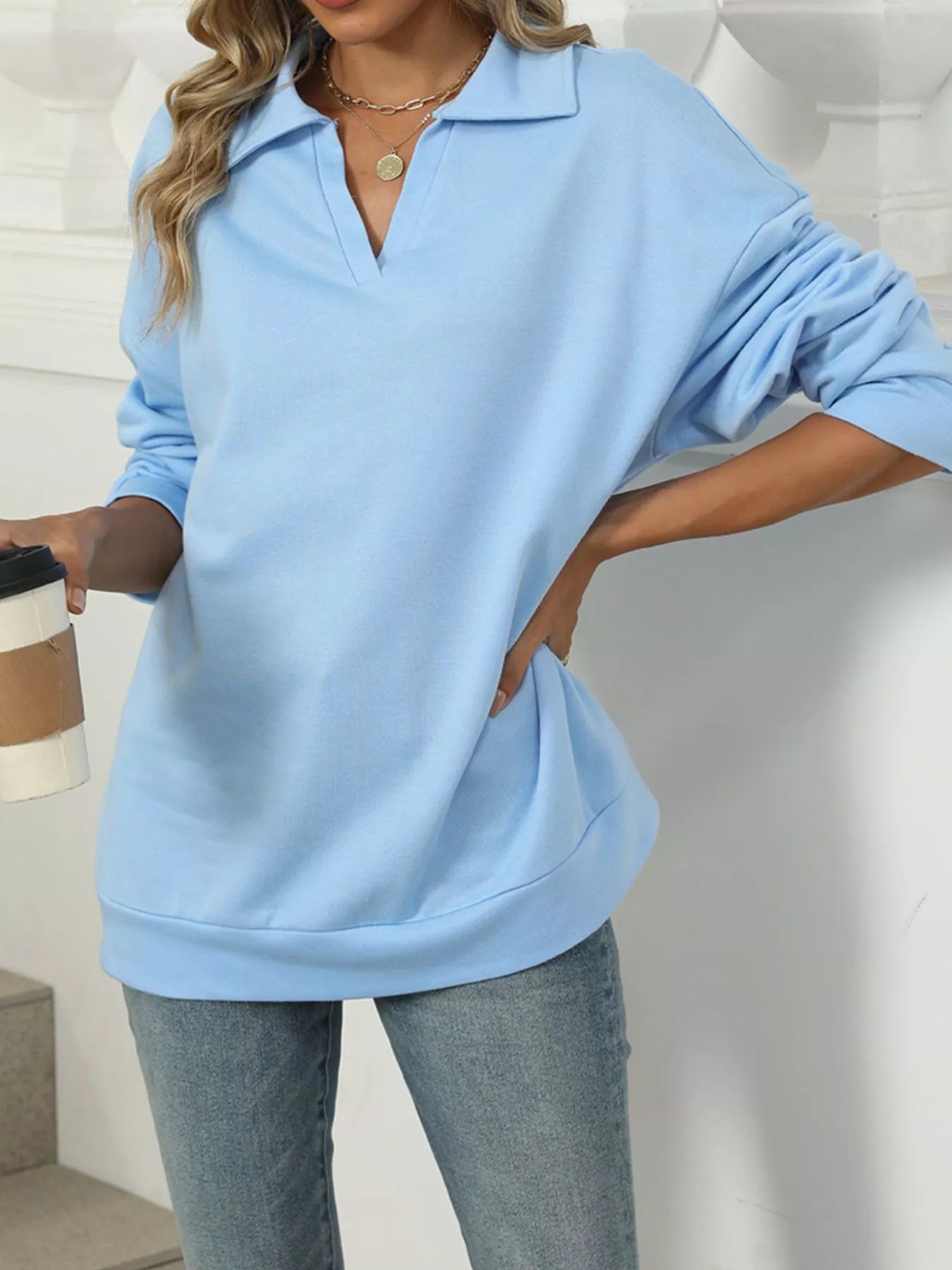 Johnny Collar Long Sleeve Sweatshirt Trendsi