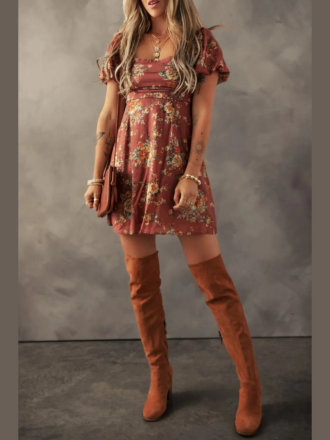 Floral Puff Sleeve Square Neck Knot Open Back Mini Dress NicholesGifts