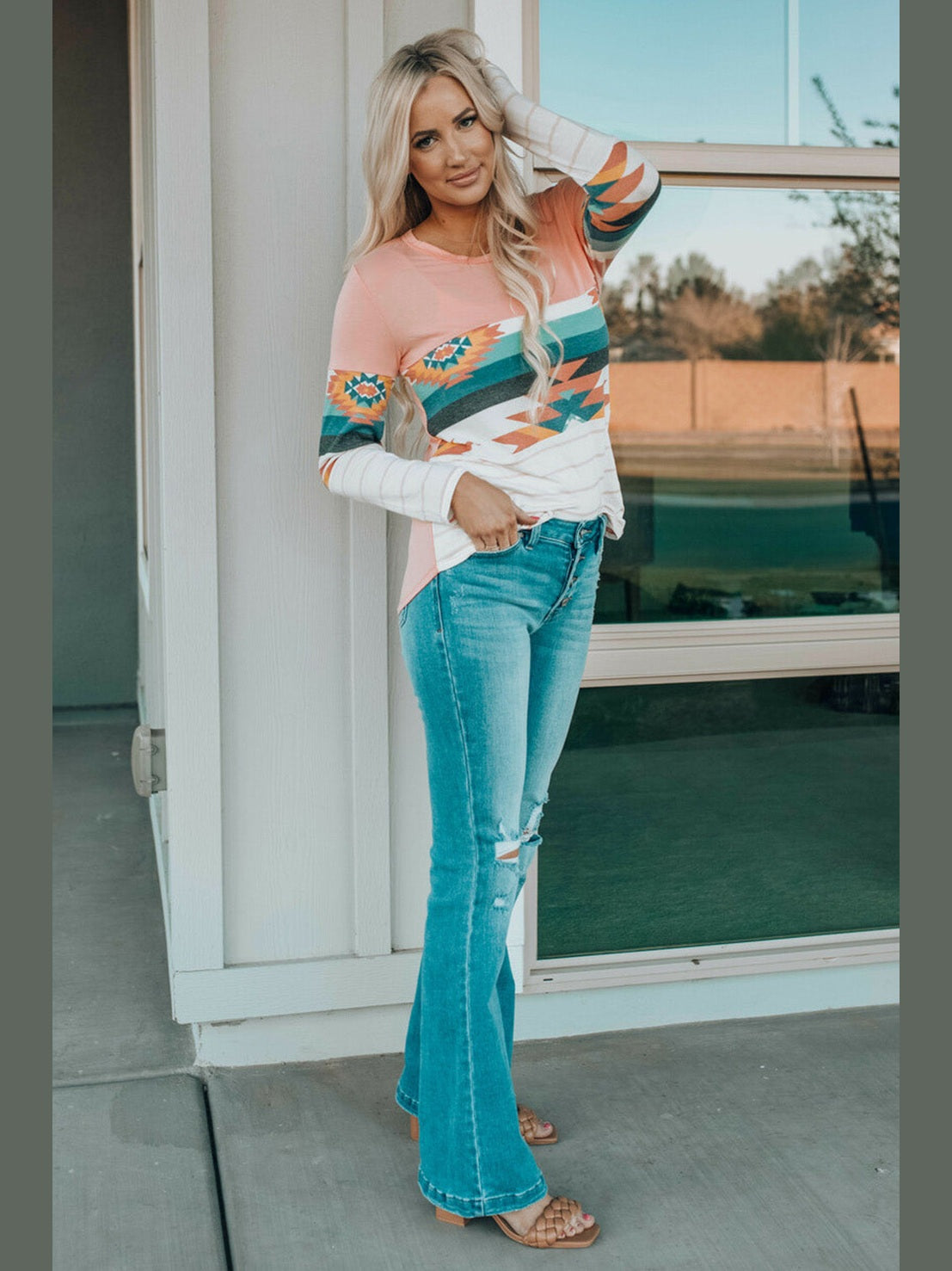 Geometric Round Neck Long Sleeve T-Shirt
