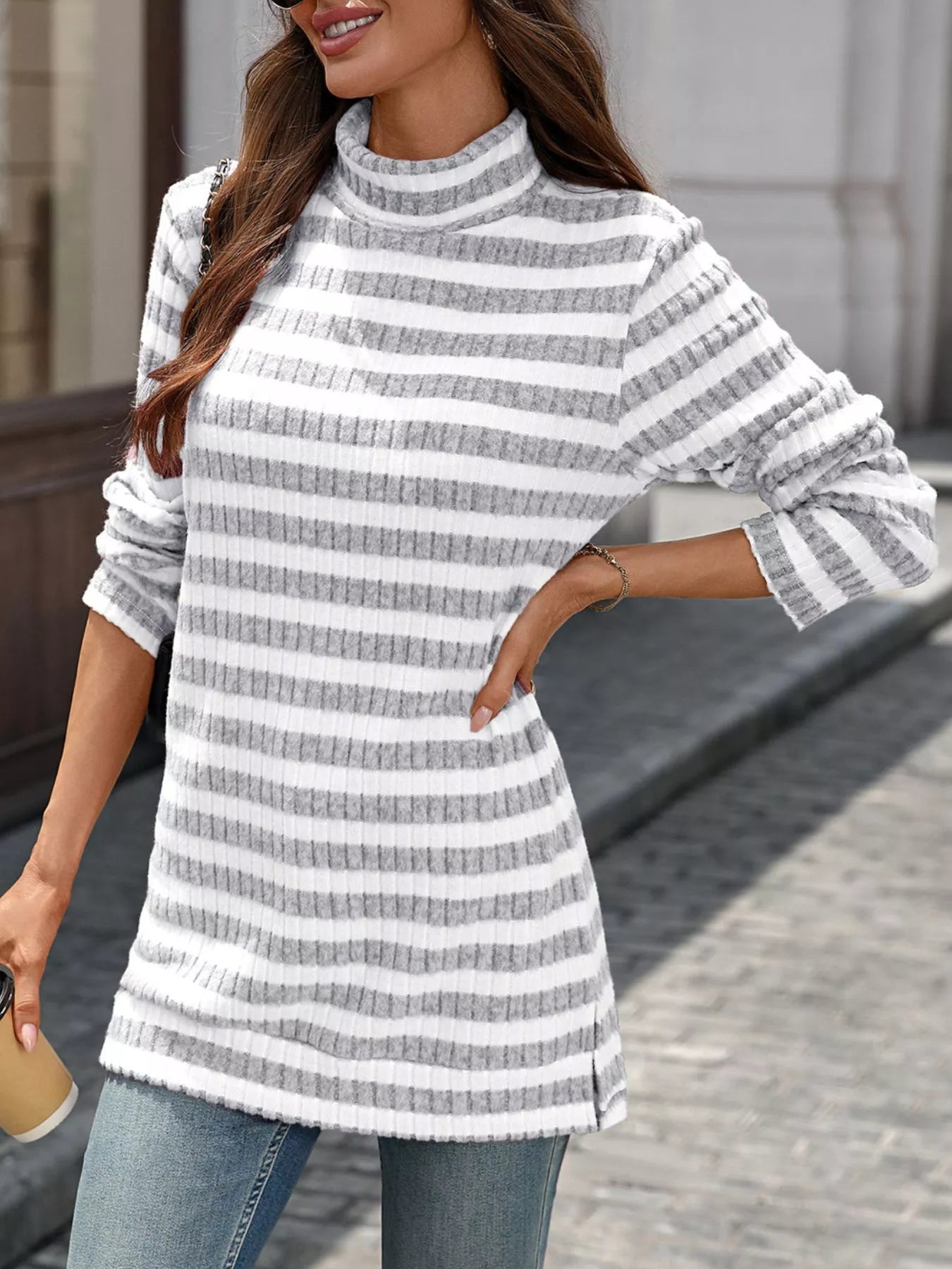 Striped Turtleneck Long Sleeve Knit Top Trendsi