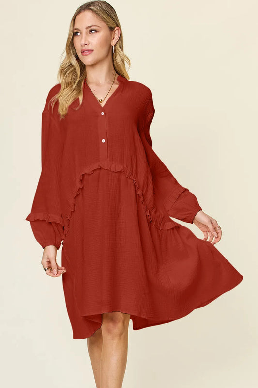 Double Take Full Size Texture Half Button Ruffle Trim Dress NicholesGifts