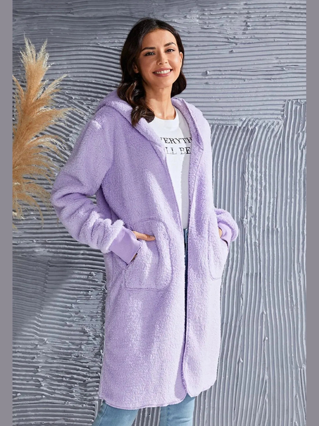 Double Take Full Size Hooded Teddy Bear Jacket with Thumbholes nicholesgifts