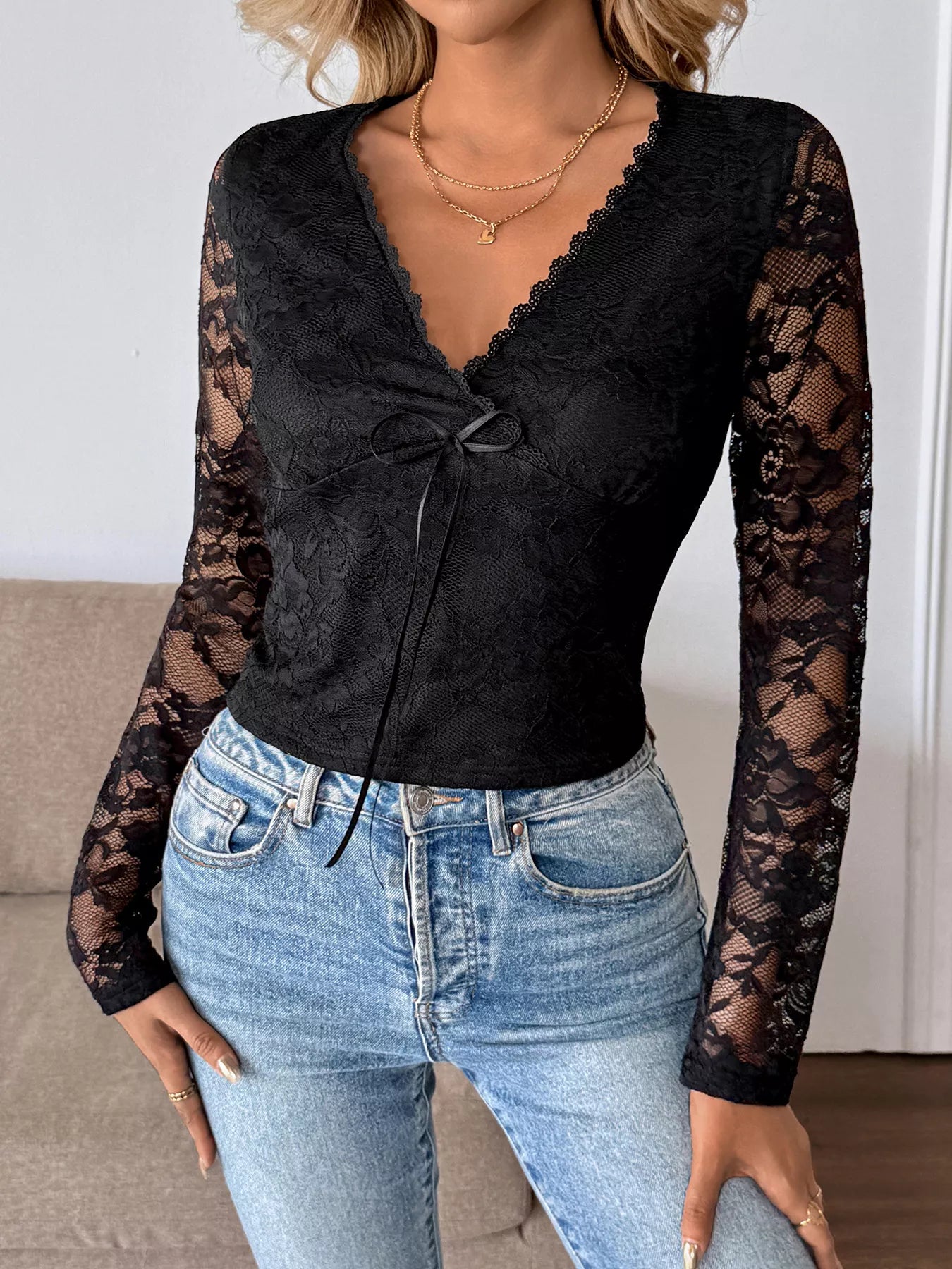 Lace V-Neck Long Sleeve Top Trendsi