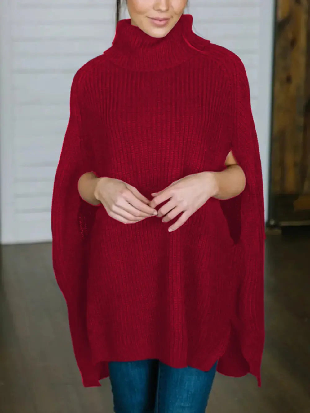 Turtleneck Slit Sweater Trendsi