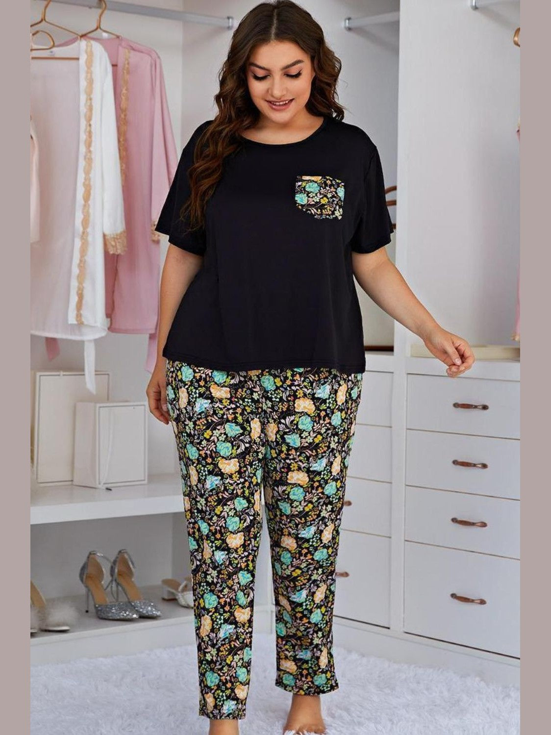Plus Size Contrast Round Neck Tee and Floral Pants Lounge Set nicholesgifts