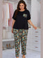 Plus Size Contrast Round Neck Tee and Floral Pants Lounge Set nicholesgifts