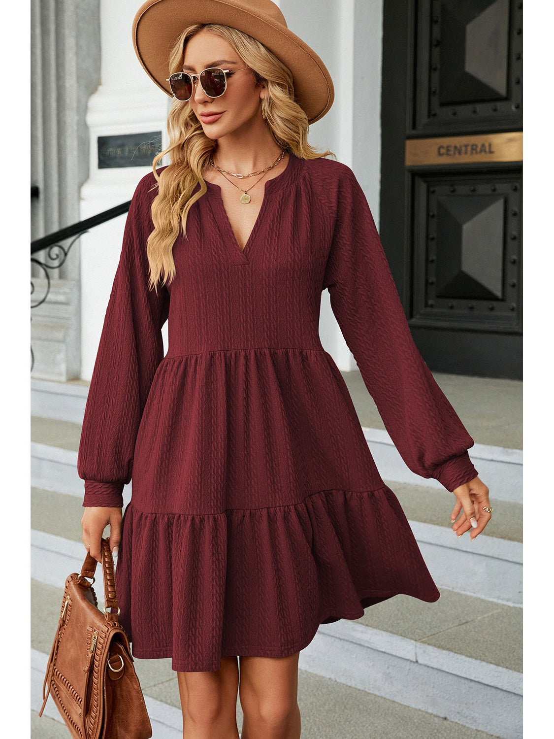 Ruched Notched Long Sleeve Mini Dress nicholesgifts