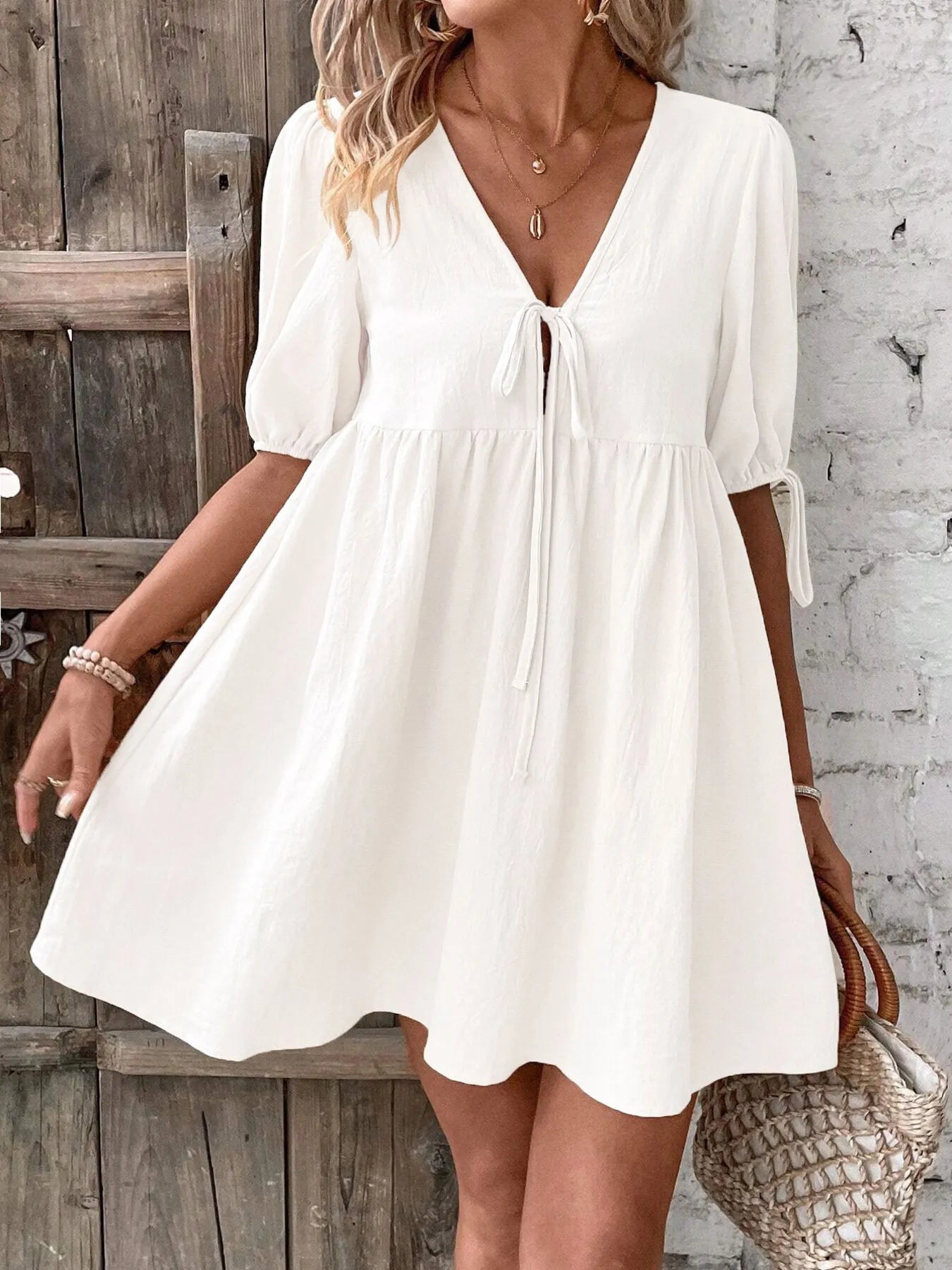 V-Neck Tie-Front Mini Dress with Puff Sleeves NicholesGifts