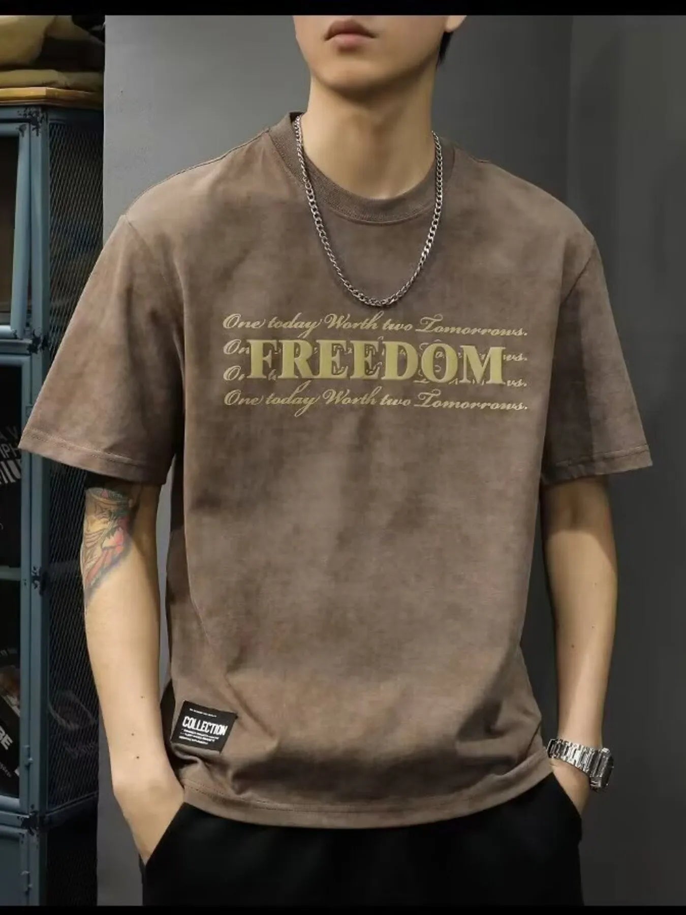 Men's Full Size Freedom Vintage Round Neck T-Shirt Plus Size Trendsi