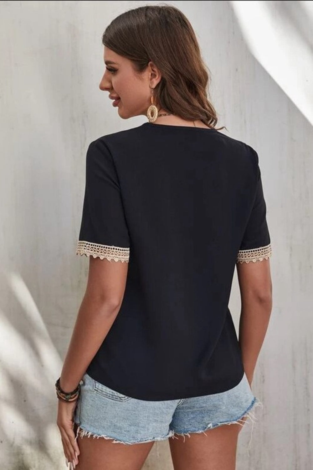 Full Size Lace Detail V-Neck Short Sleeve Blouse nicholesgifts