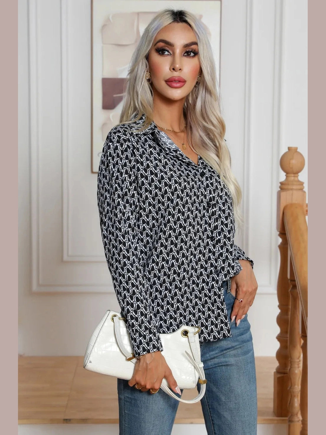 Printed Buttoned Long Sleeve Shirt NicholesGifts