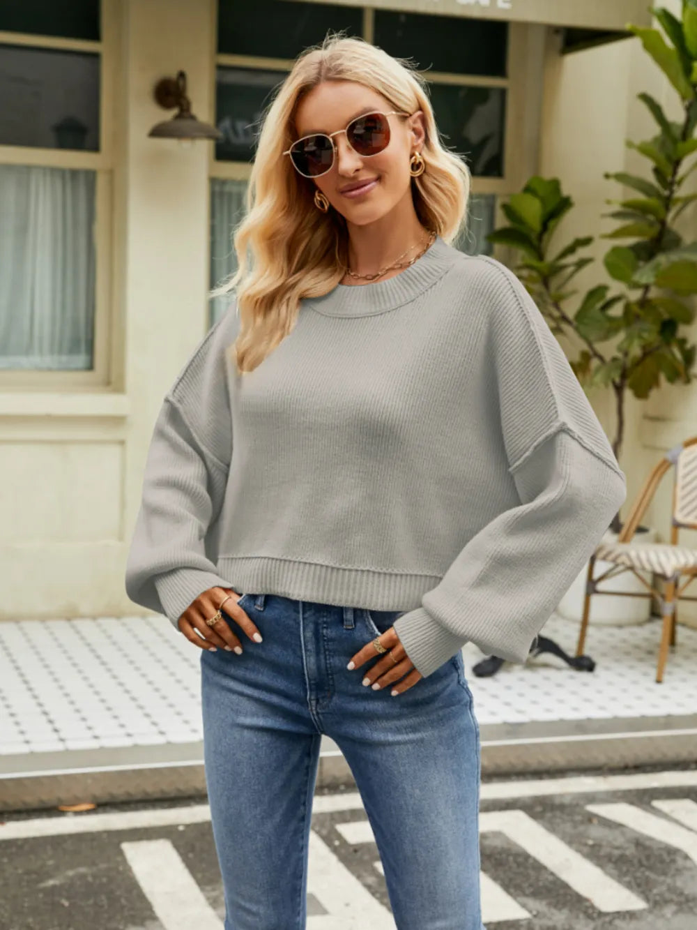 Round Neck Lantern Sleeve Sweater Trendsi