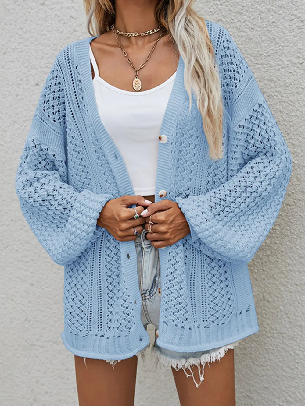 Openwork Button Front Cardigan nicholesgifts