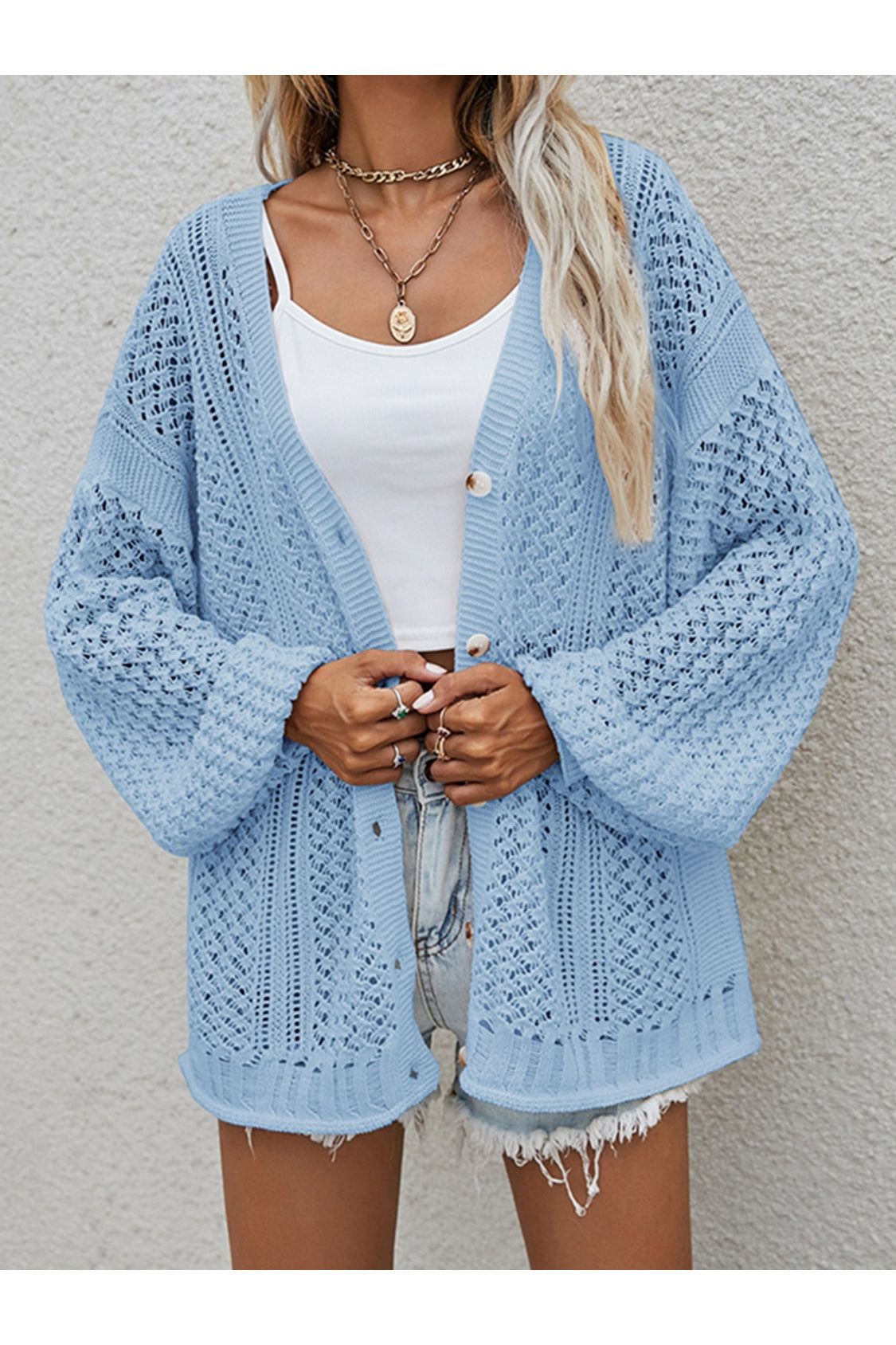 Openwork Button Front Cardigan nicholesgifts