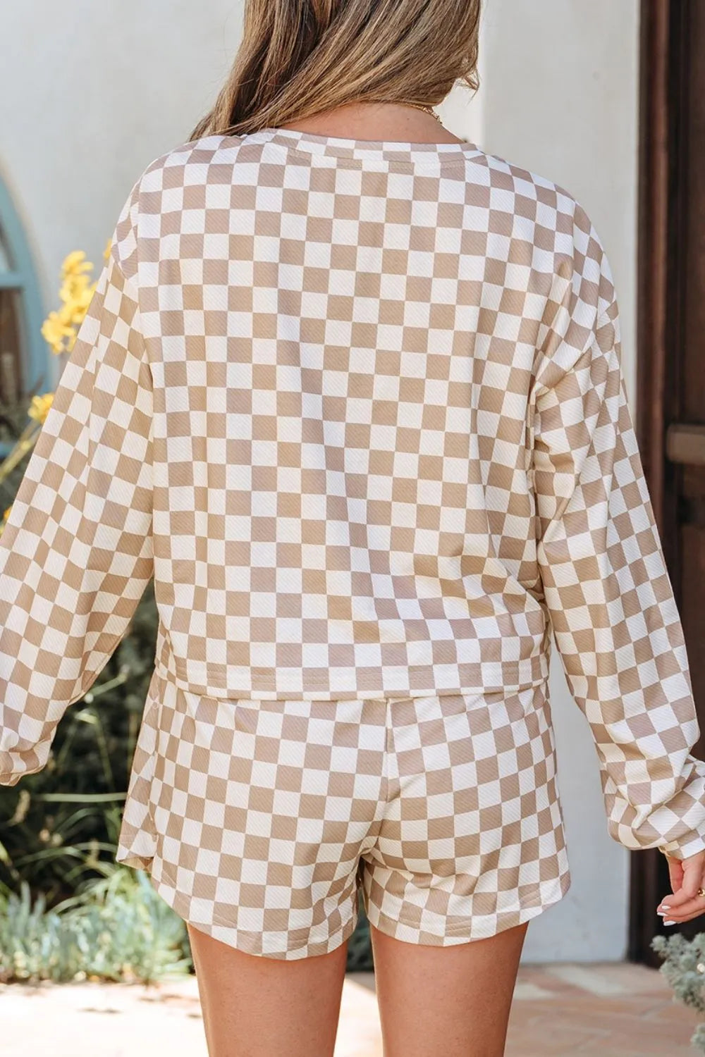 Checkered Long Sleeve Top and Skirt Two-Piece Set Trendsi