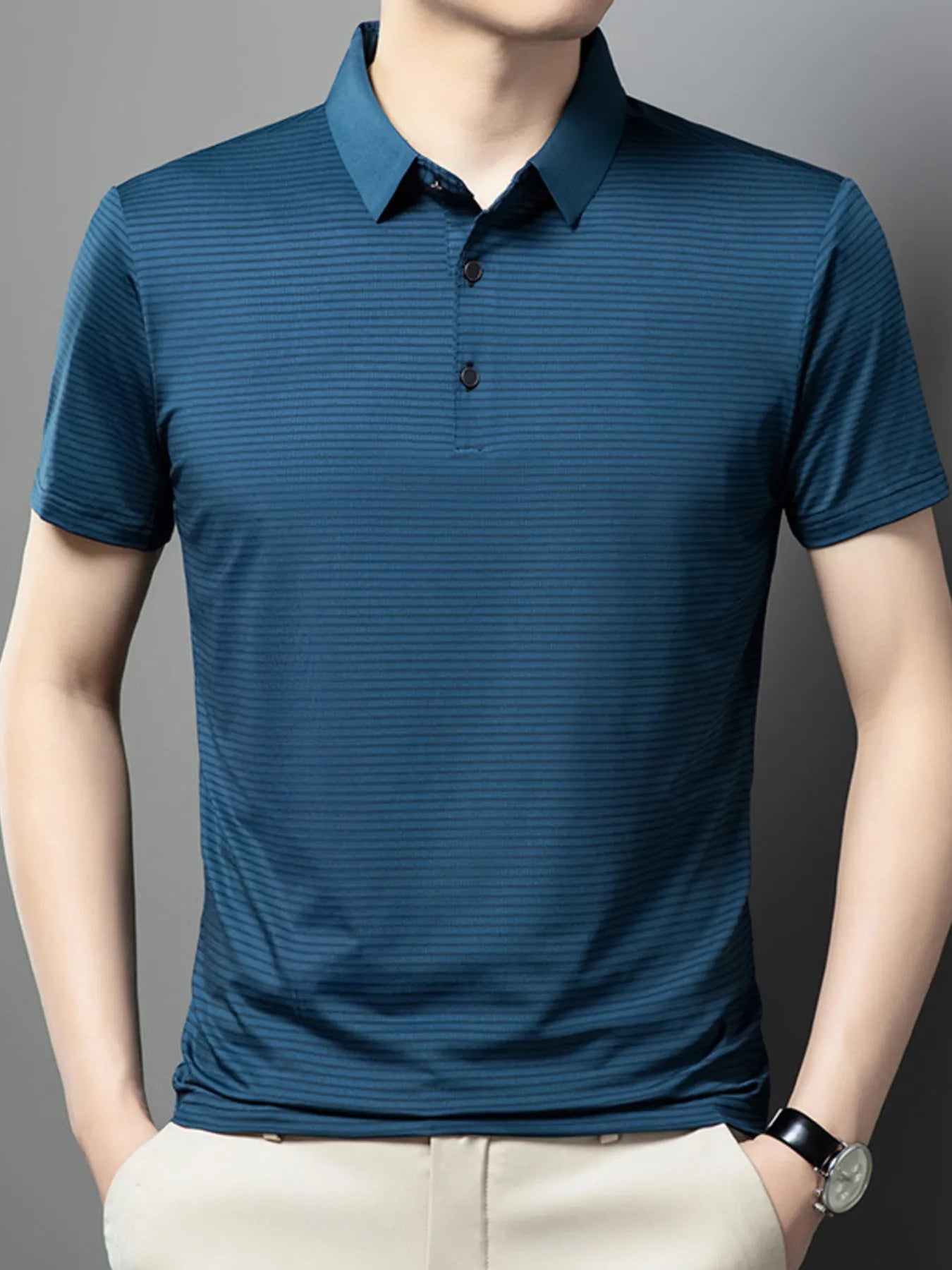 Men's Plus Size Classic Striped Business Casual Polo Shirt NicholesGifts