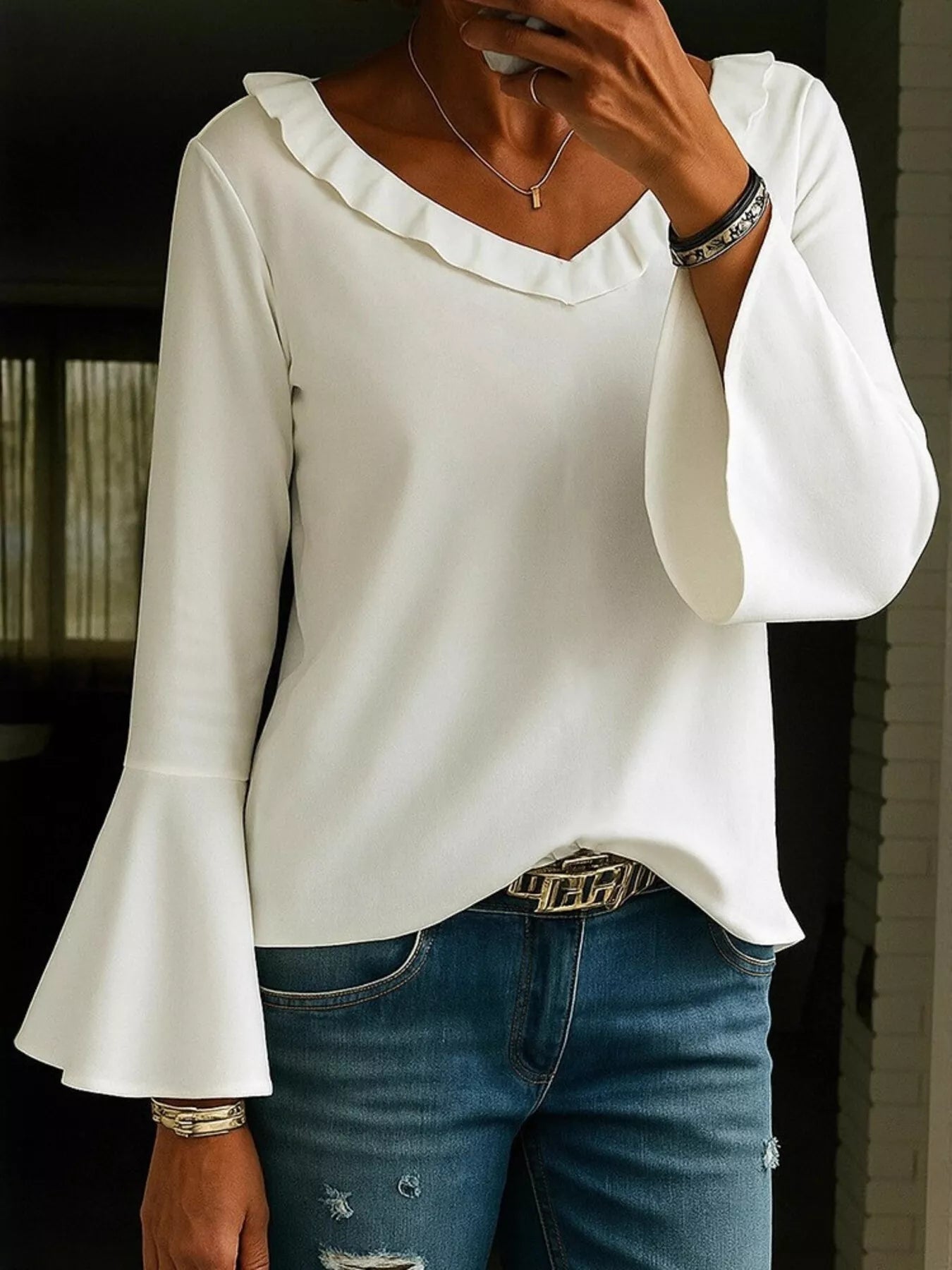 Full Size Ruffled V-Neck Long Sleeve Blouse Plus Size