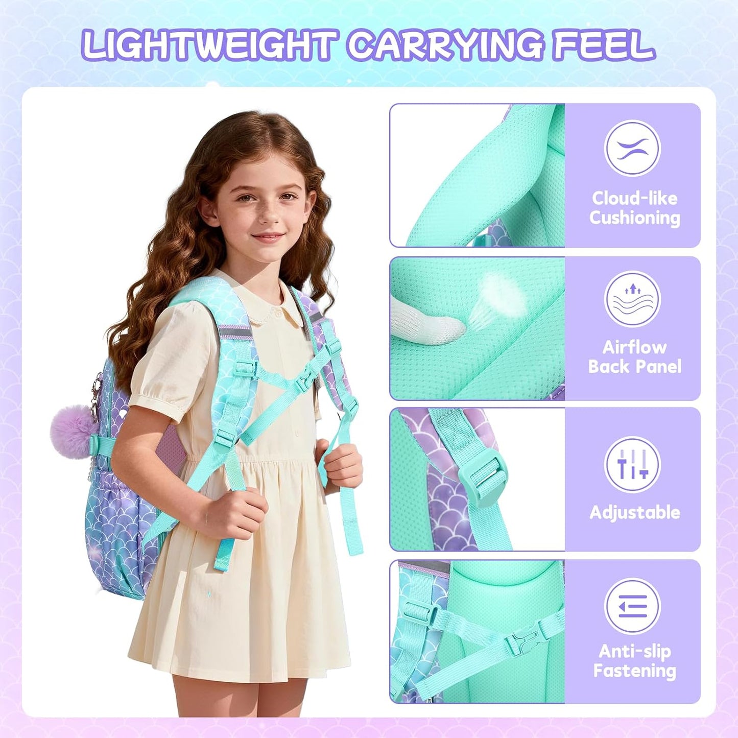 Girls Backpack,School Bag for Kids,Primary,Elementary,Teen Ages 6-15 Girls Bookbag,Students Kawaii Backpack Blue Mermaid