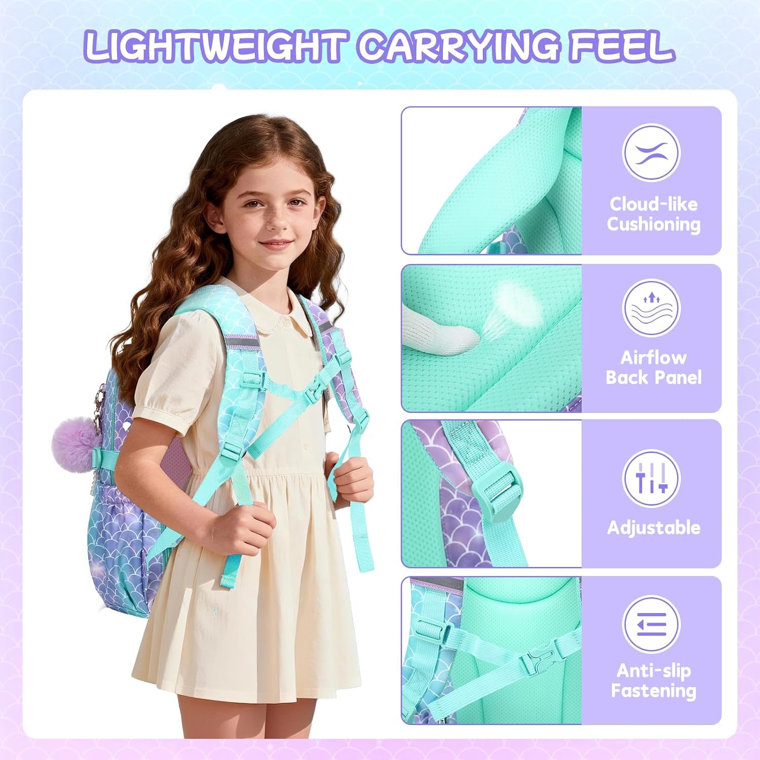 Girls Backpack,School Bag for Kids,Primary,Elementary,Teen Ages 6-15 Girls Bookbag,Students Kawaii Backpack Blue Mermaid