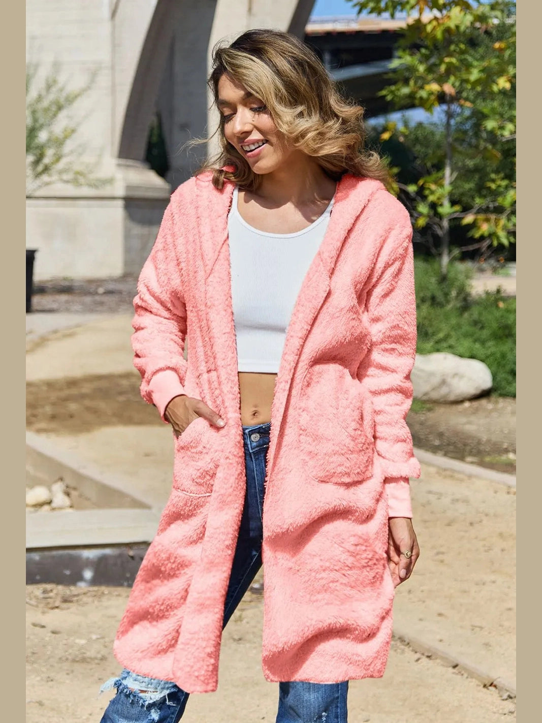 Double Take Full Size Hooded Teddy Bear Jacket with Thumbholes nicholesgifts