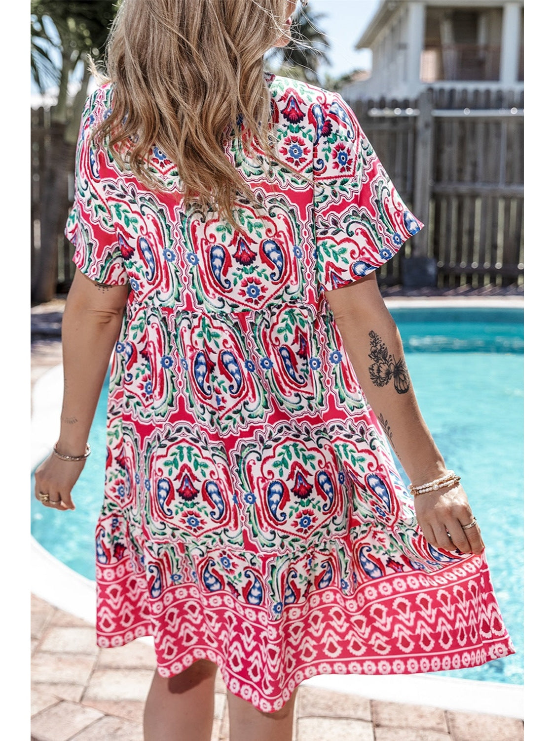 Printed Tie Neck Short Sleeve Dress nicholesgifts