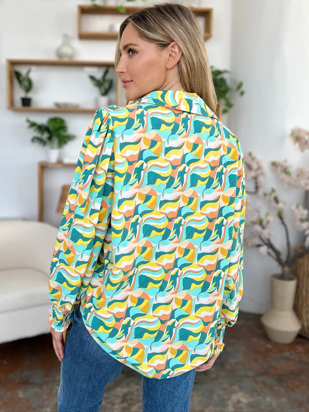 Double Take Full Size Printed Smocked Long Sleeve Blouse nicholesgifts