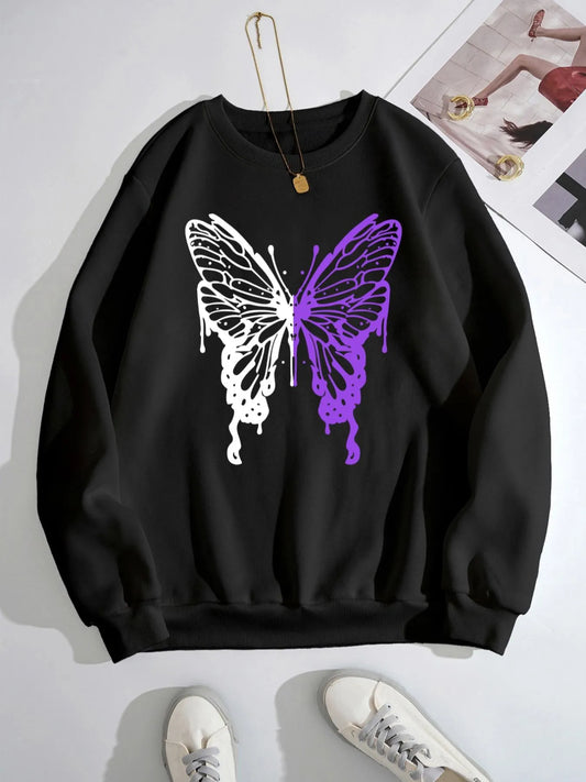 Butterfly Round Neck Long Sleeve Sweatshirt Trendsi