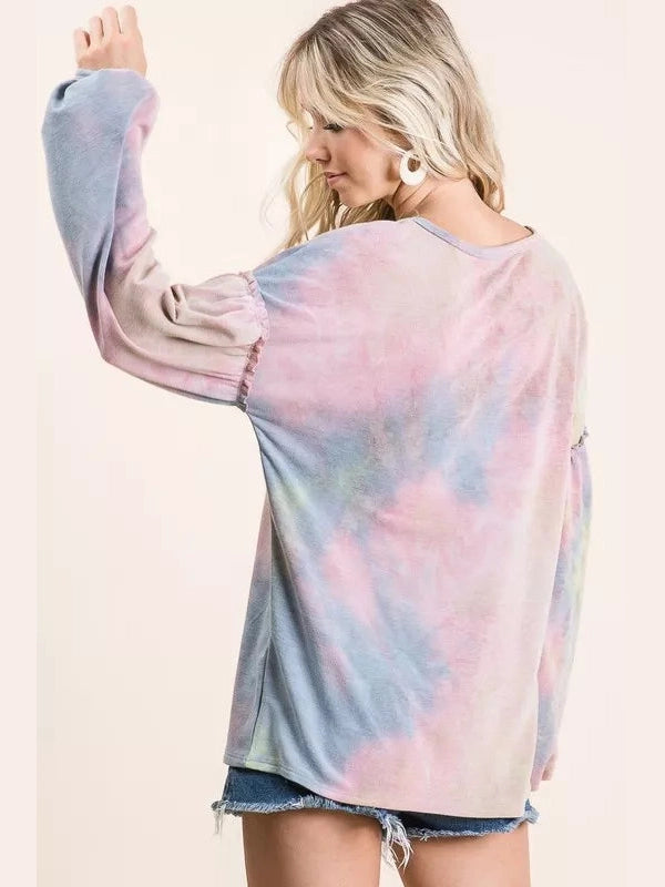 BiBi Tie Dye French Terry Sweatshirt With Bubble Sleeves Trendsi