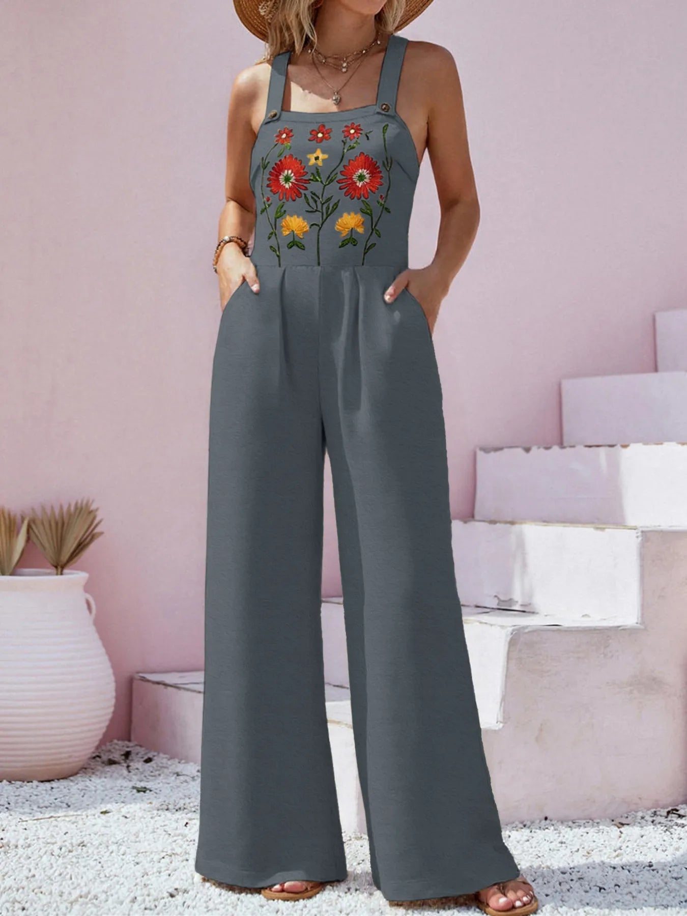 Floral Embroidered Wide Leg Jumpsuit nicholesgifts