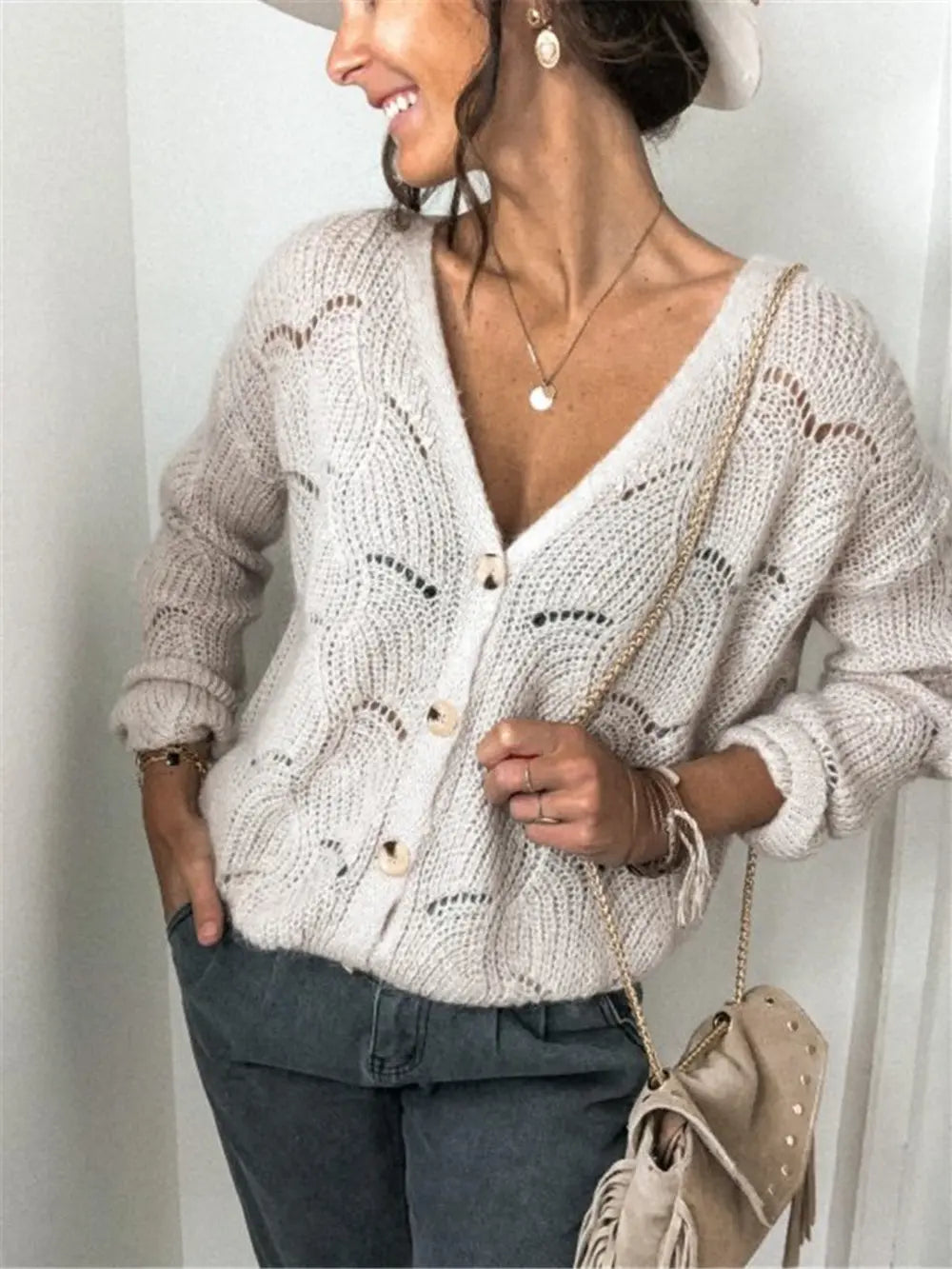 Openwork Button Up Long Sleeve Cardigan nicholesgifts