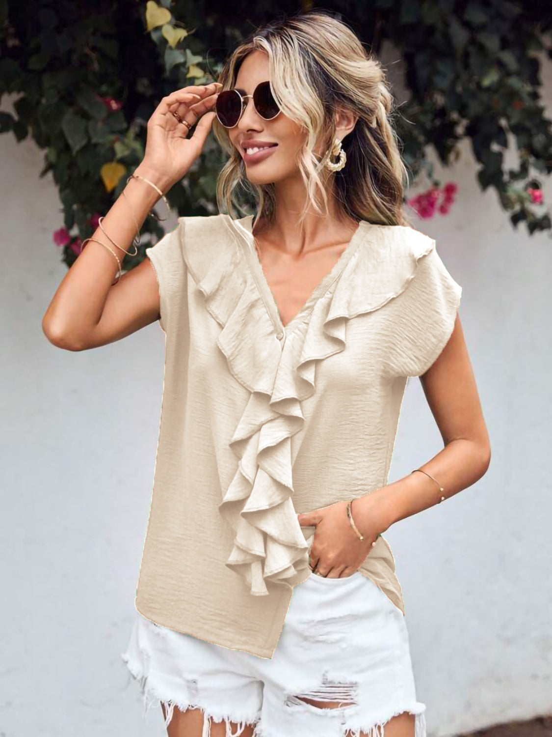 Ruffled V-Neck Short Sleeve Blouse nicholesgifts