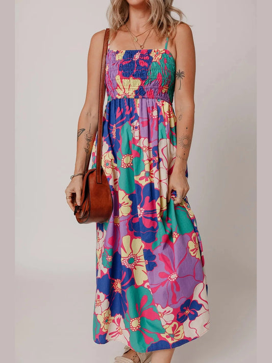 Floral Print Shirred Spaghetti Strap Loose Maxi Dress NicholesGifts