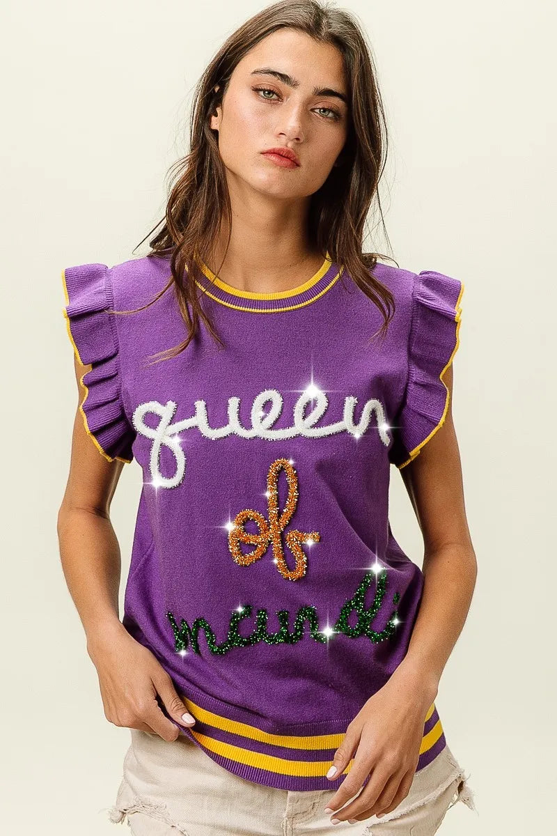 BiBi Queen Of Mardi Ruffled Armhole Sleeveless Knit Top