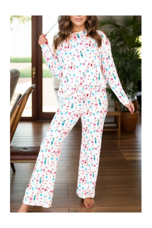 Printed Round Neck Long Sleeve Top and Pants Lounge Set NicholesGifts