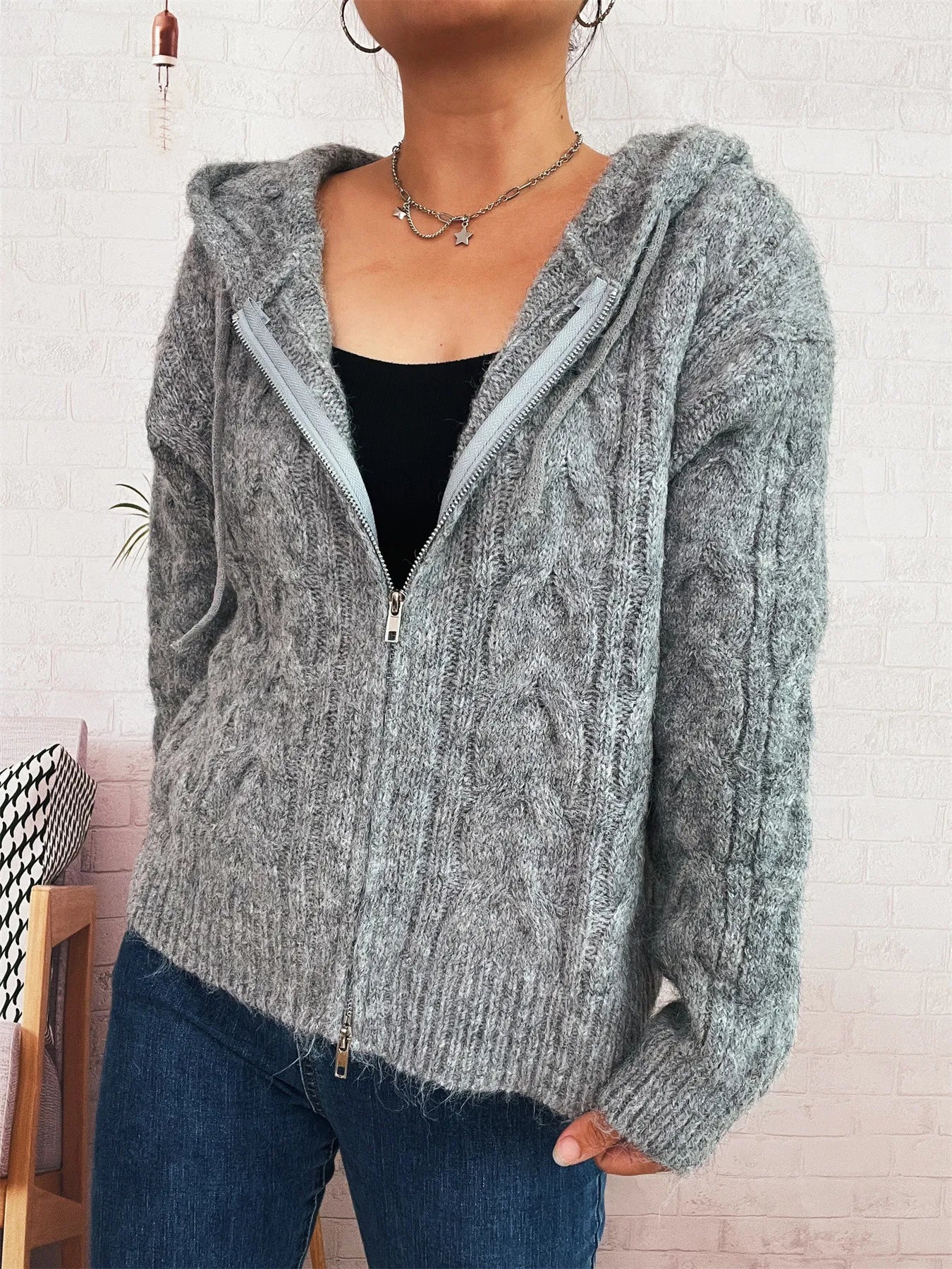 Cable Knit Hooded Zip-Up Cardigan