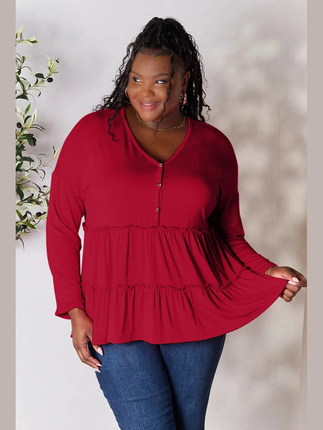 Double Take Half Button Long Sleeve Ruffle Hem Blouse nicholesgifts