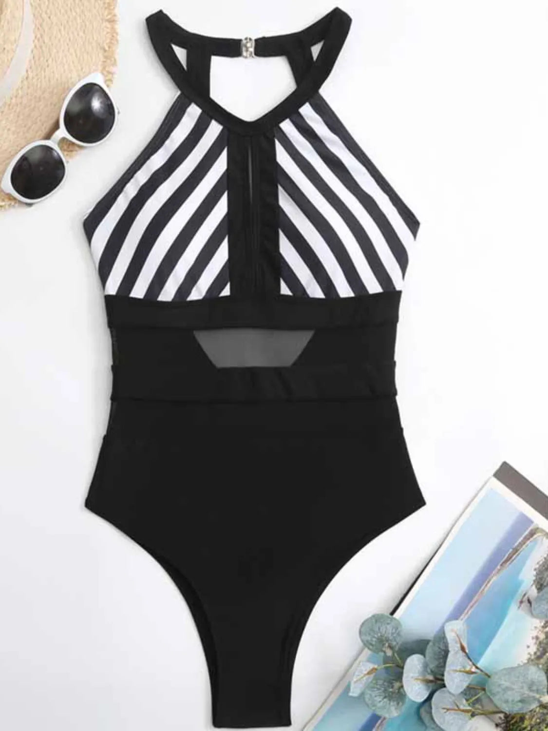 Women Mesh Detail Backless Striped One-Piece Swimsuit nicholesgifts