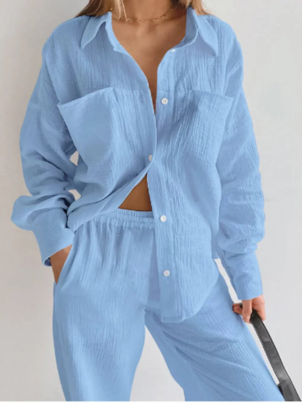 Texture Button Up Long Sleeve Shirt and Pants Set nicholesgifts